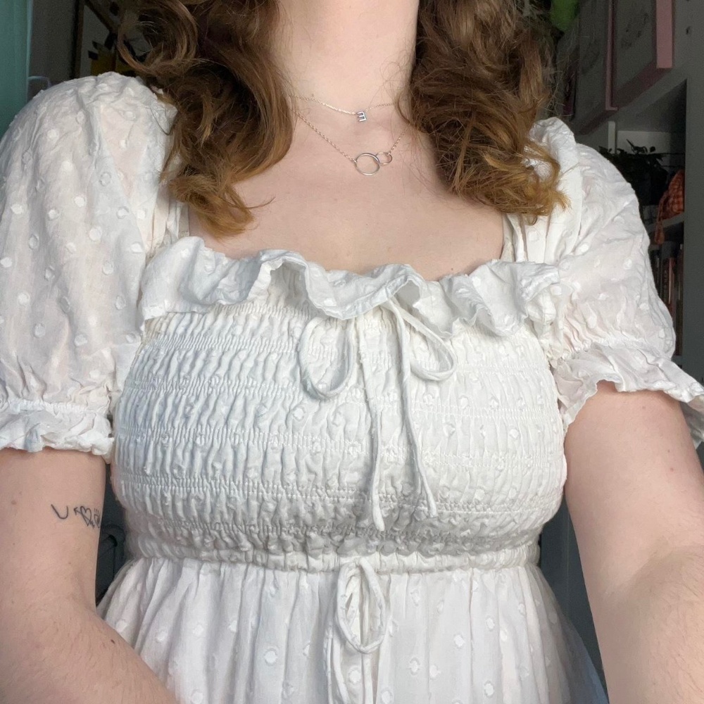 white polka dot midi dress